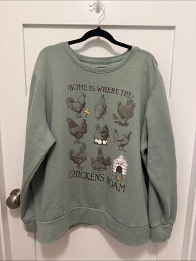 Sage Green Graphic Crewneck Sweatshirt - 'Home Is Where The Chickens Roam'